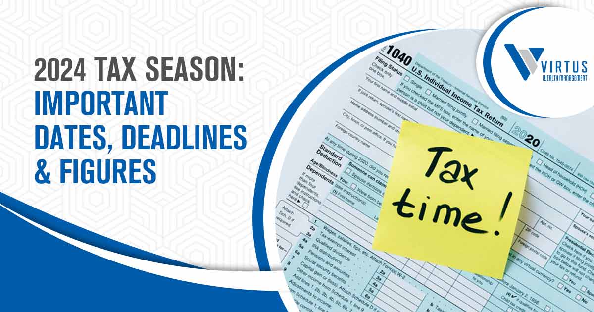 Yellow paper with bold black text reading 'tax time!' featuring Virtus Wealth Management. The text emphasizes '2024 Tax Season: Important Dates, Deadlines & Figures.' Image aligns with the page's context, conveying the significance of tax-related information.