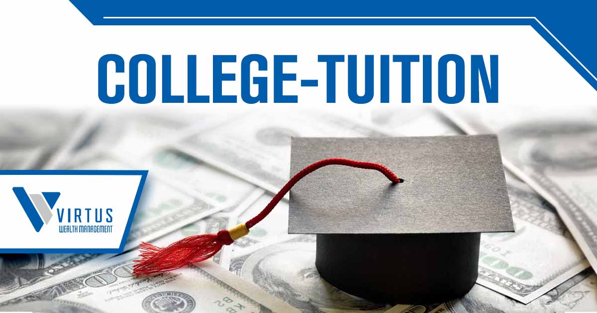 Image of a graduation cap, featuring Virtus Wealth Management and highlighting "college tuition," ensuring it aligns with the page's context on education savings and financial planning for college expenses.